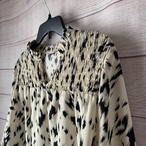 White with Black Spots Blouse Long Sleeve Round Ruffle Neck Bishop Billow Sleeve - Picture 13 of 15